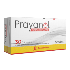 Caja de Prayanol Amantadina 100 mg, 30 cápsulas, laboratorio Sanitas, Chile. Bioequivalente.